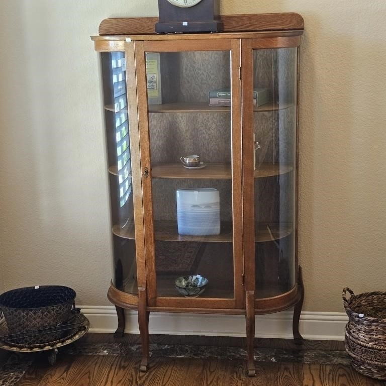 Antique Oak & Glass Round Front Curio Cabinet