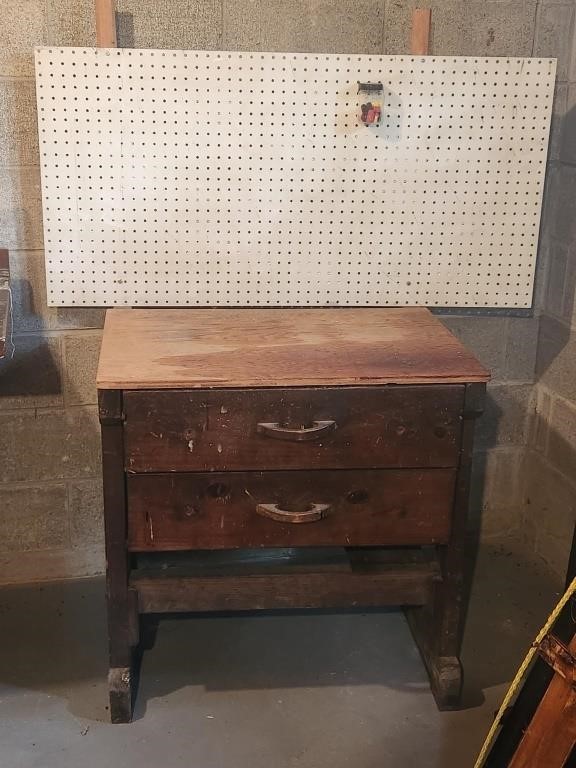 2 drawer work table with pegboard 31"w 31"h