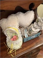 Basket w/soaps & 2 heart pillows