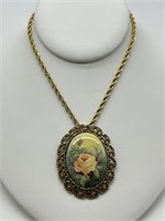 1970's Brass Filigree Hand-Painted Cameo Necklace