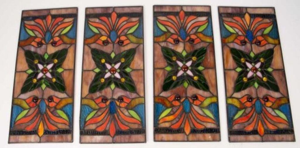 Lot: 4 Small Stained Glass Windows w/ Floral Motif