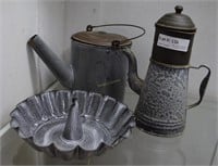 Three Pcs granite ware including Bundt pan, coffee