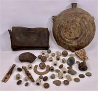 Civil War relics and leather bullet pouch, tin