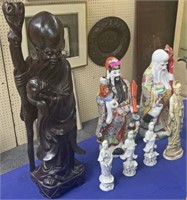 Lot: 7 Pcs.: Chinese Wood Figure & Other Figurines