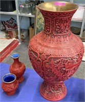 Lot: 3 Chinese Red Cinnebar Vases.