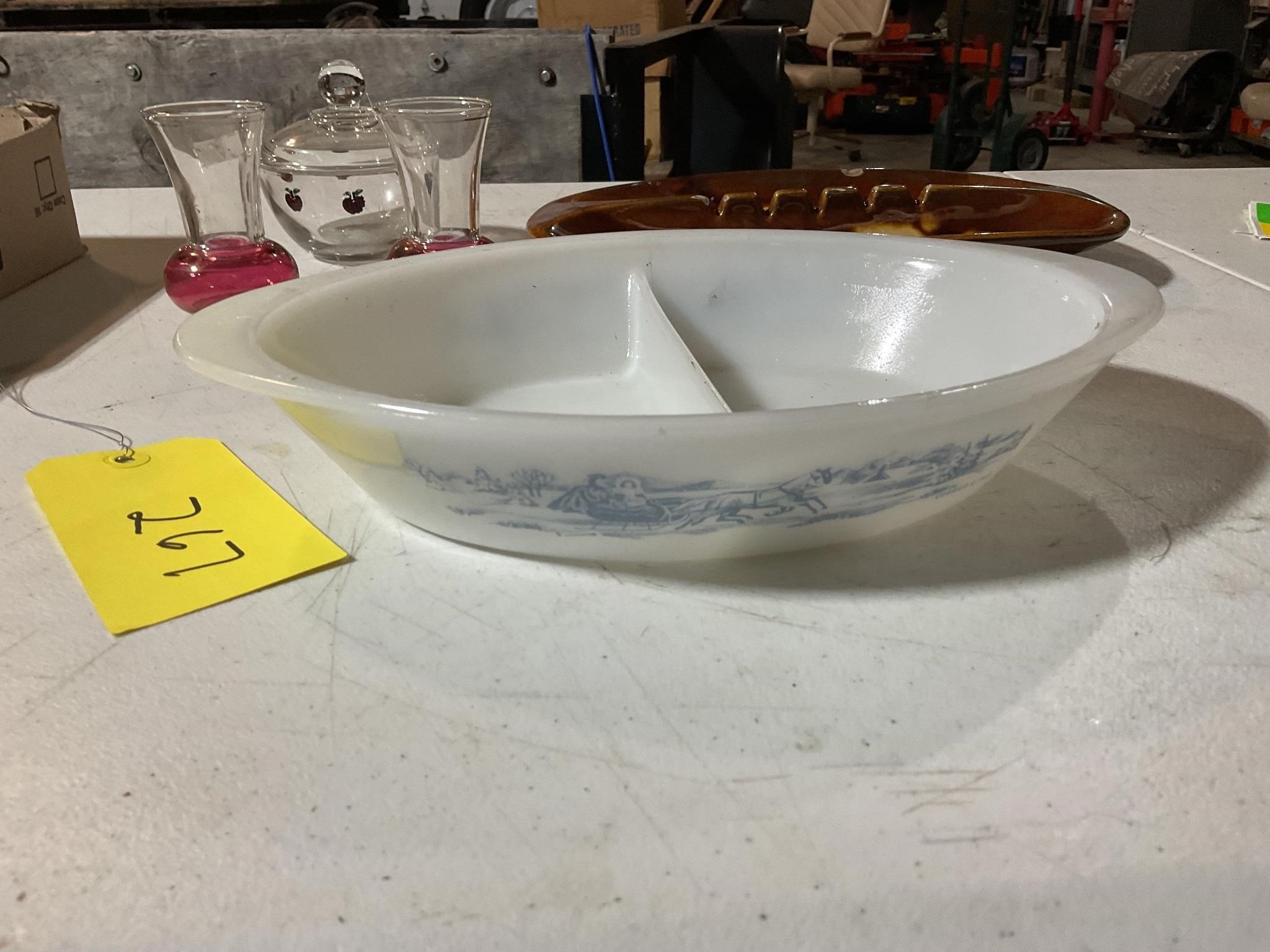 Vintage flash, glass, ashtray, and baking dish