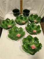 6 Leaf  salad plates, 2 green crocks gold rim