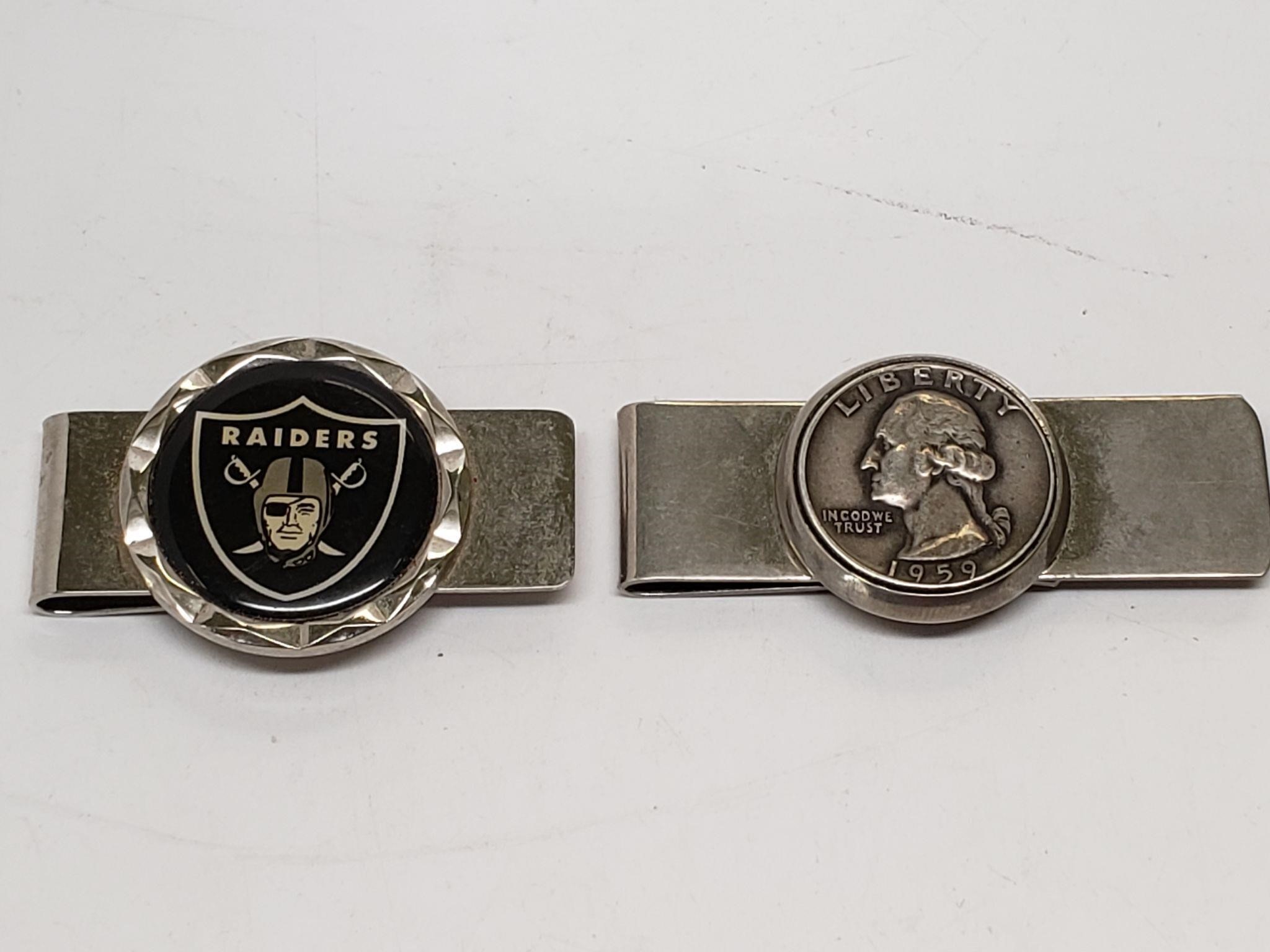 Two Money Clips: Silver Quarter And Raiders