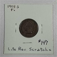 1908-S  Indian Head Cent   F+