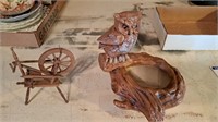 Owl dish, miniature spinning wheel