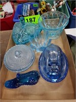 FLAT OF BLUE GLASS- SHOE- COVERED CANDY DISHES