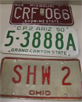 3 Vintage License Plates - MO, AZ & OH