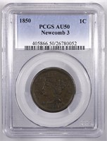 1850-P Braided Hair Large Cent PCGS AU50 Newcomb 3