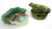 19TH CENTURY MAJOLICA LEAF DISH AND FIGURAL DISH