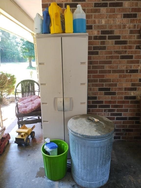 Metal trash can, cabinet and contents