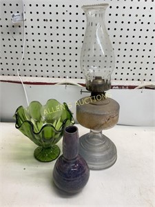 POTTERY VASE  OIL LAMP AND GLASS CANDY DISH