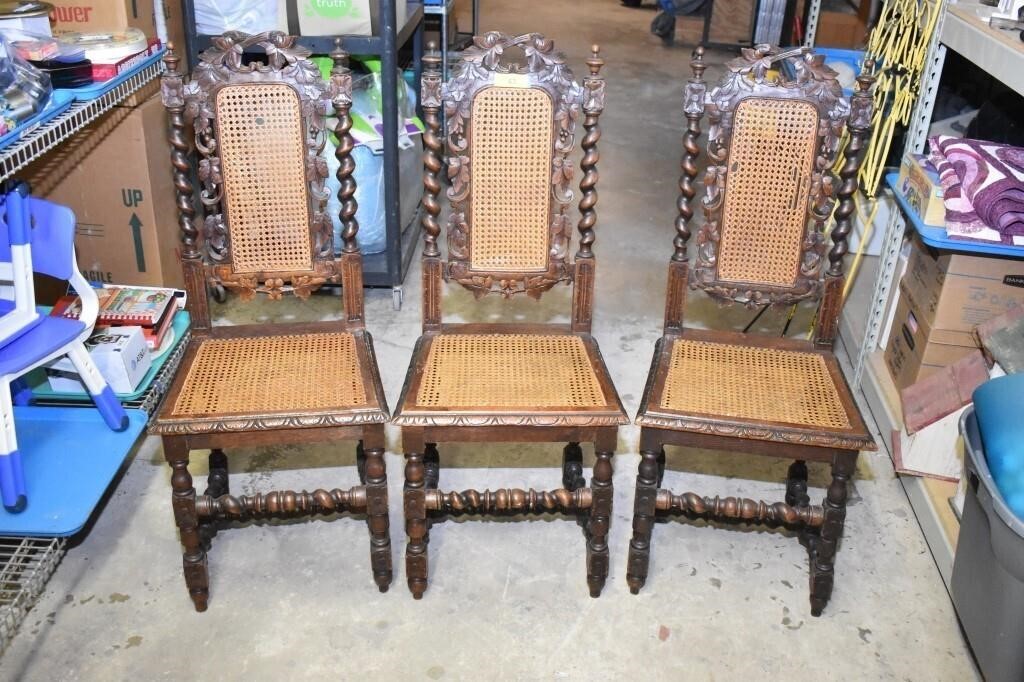 Three Antique Carved Barley Twist Cane Seat & Back