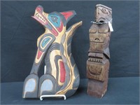 CARVED TOTEM SIGNED & WALL PLAQUE SIGNED