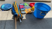 Canvas beach umbrella, big plastic bucket, pool