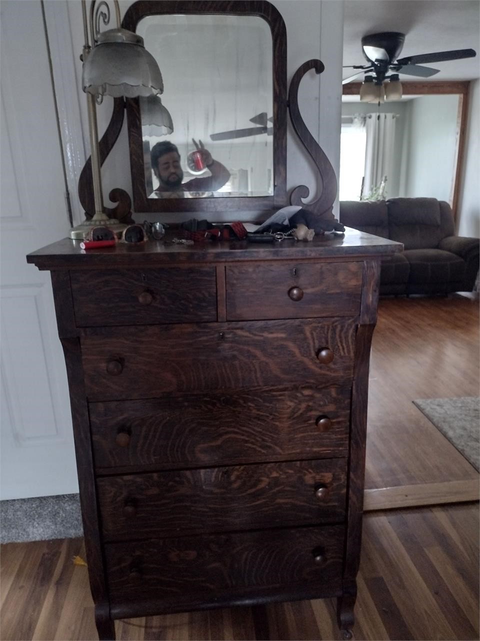 Antique Oak Wood High Boy Dresser With Mirror