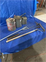 Vintage kerosene cans, leaf rake, grass whip etc.