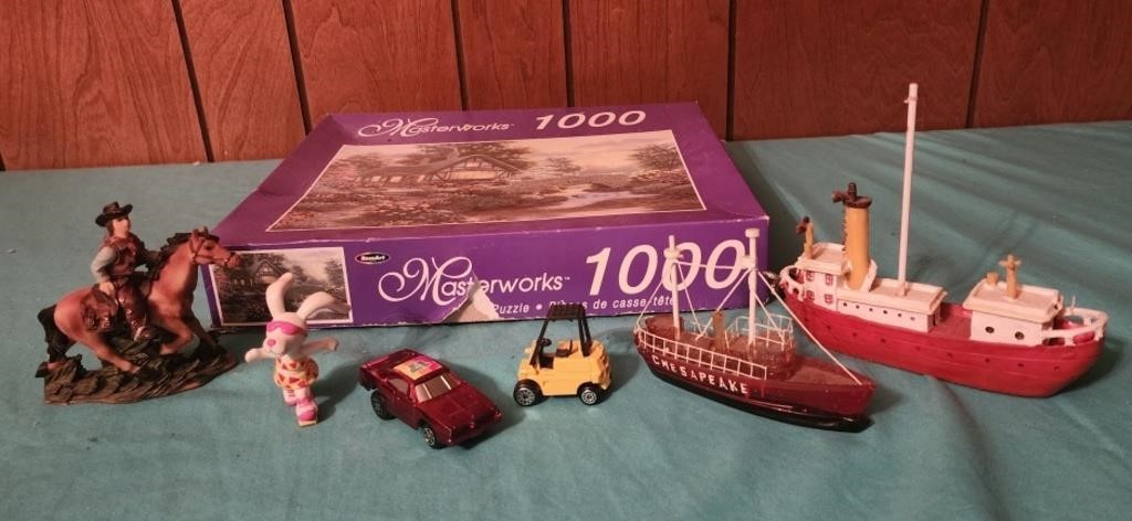 Puzzle, ships, toy cars, cowboy, bunny on skates