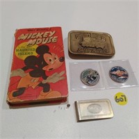 MICKEY MOUSE ,BUCKLE, MONEY CLIP, COINS