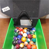 MIXTURE OF SMALL POOL BALLS W/ RACK 2 SIZES