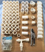 78 PIECE PVC PIPE FITTINGS, STRAPS AND CUTTER.