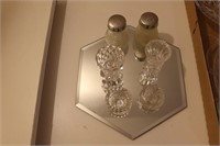 Salt & Pepper shakers, mirror, candy dish, misc