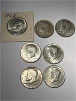 7 Kennedy 40% Silver Half Dollars: 1965, 1966(2),