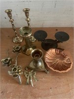 8 Brass Candle Holders and Copper Shell
