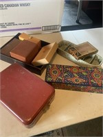 Painted cigar box, metal keepsake box, assorted