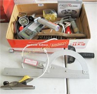 Box lot of tools, testers, parts holder, more