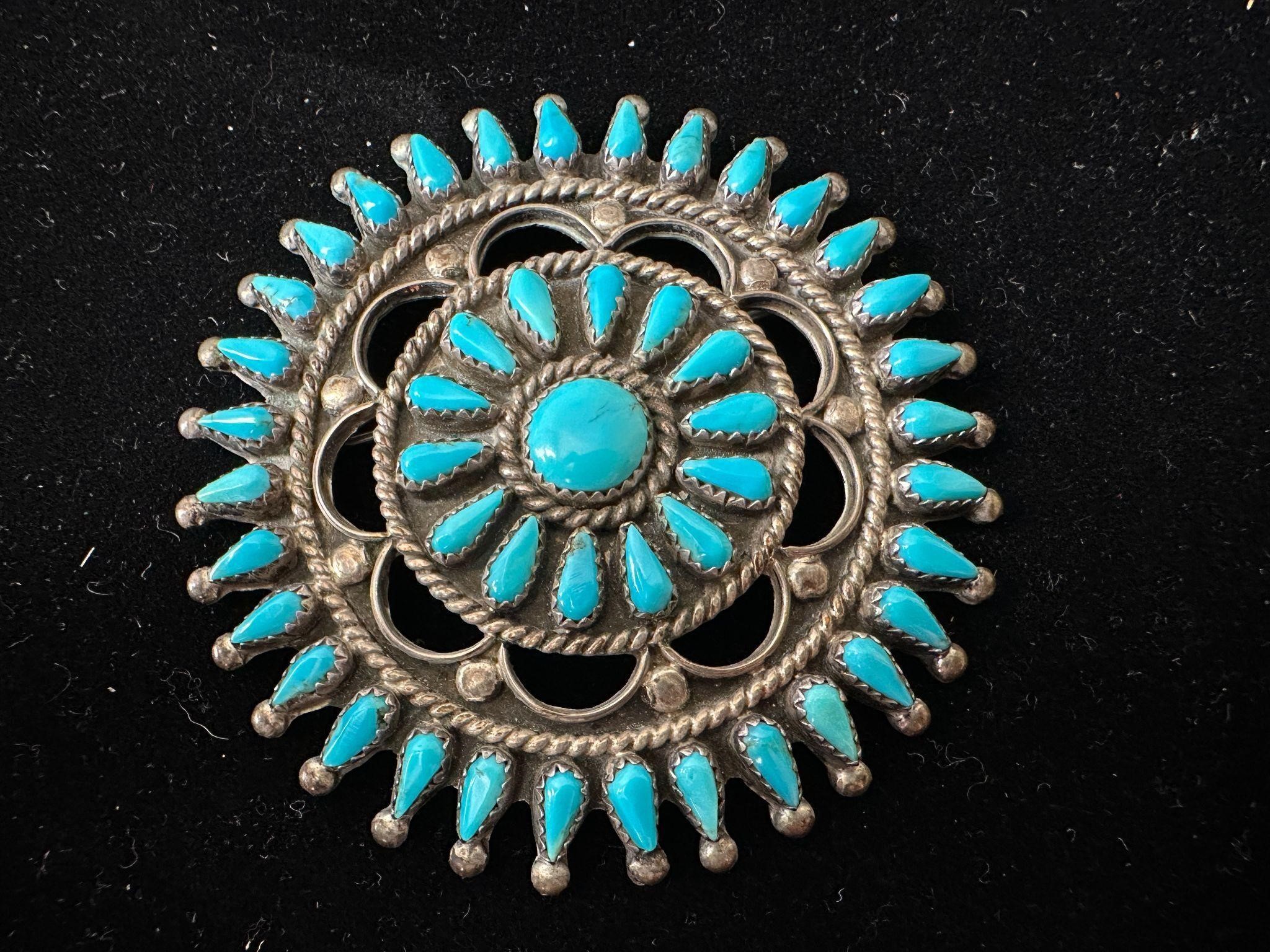 Native American Signed Silver & Turquoise Pin