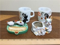 (2) Vintage Figurine Ashtrays + 2 Mugs