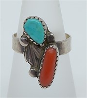 Navajo Sterling Silver Red Coral and Turquoise