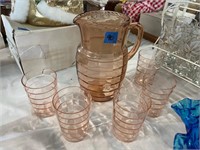 Block Optic Pink Depression Pitcher, 5 Glasses