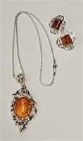 Sterling Silver & Amber Necklace with Earrings