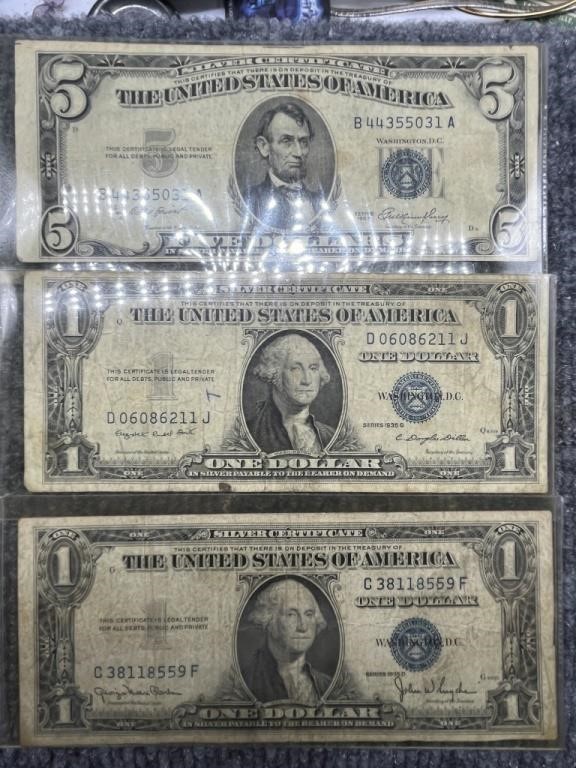 3 Silver Certificates  $1 & $5 1935 & 1953 Series