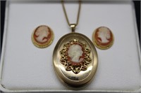 14kt Cameo Locket And Earrings