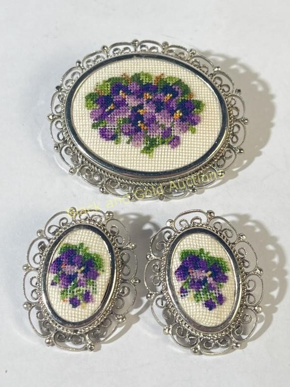 Embroidered Filagree Pin & Earrings