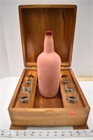 Wooden case with decanter and 6 shot glasses