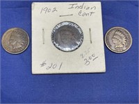 3 Indian Head Pennies - 2 are 1902 & 1 is 1907