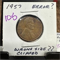 1957 WHEAT PENNY CENT ODD SIZE / CLIPPED