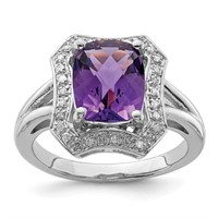 Sterling Silver Checker-Cut Amethyst Diamond Ring