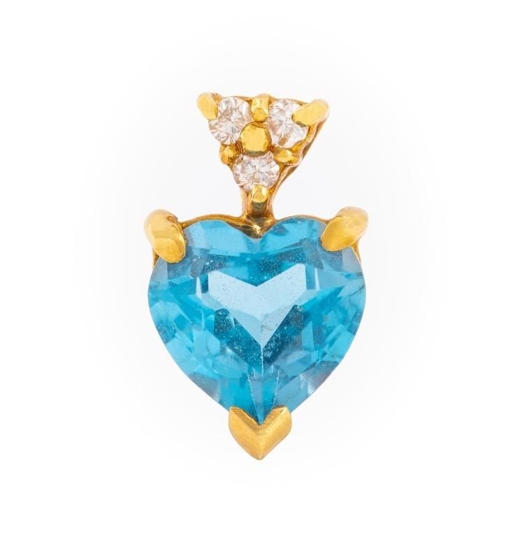 14K Yellow Gold Blue Topaz Diamond Pendant