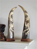Pair of Carved Horns Phoenix & Dragon
