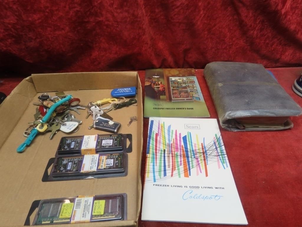 Sears catalogs, assorted keys, bible, misc.