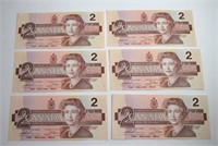 SIX CANADIAN TWO DOLLAR BILLS SEQUENTIAL
